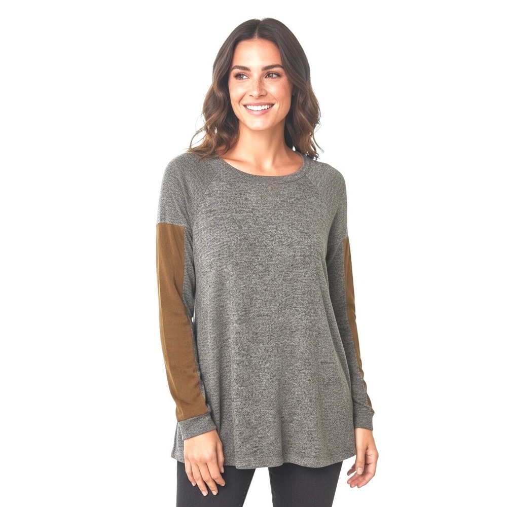 Soft Surroundings Women's Pullover Top L Marled Camel Arm Insets Long Sleeve USA